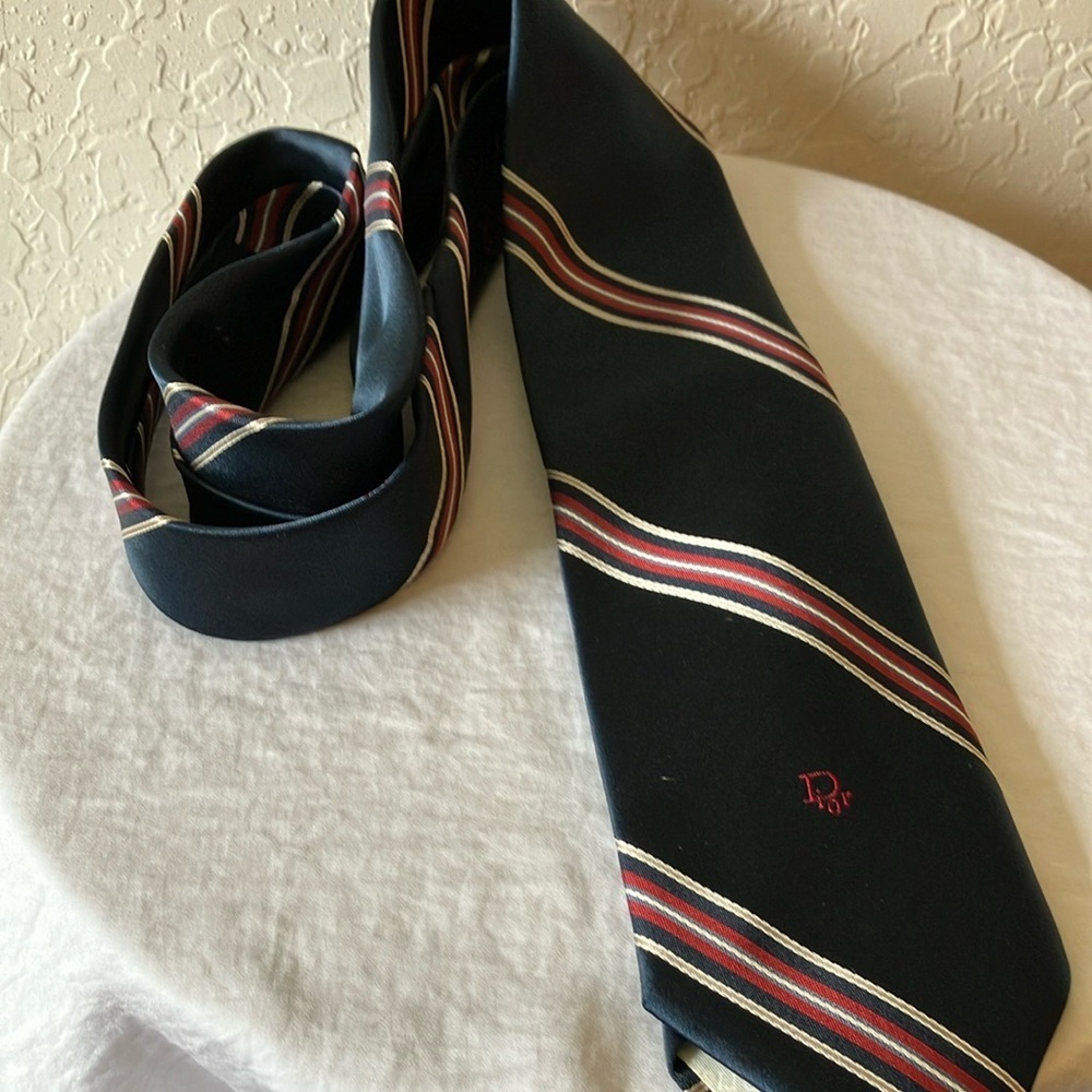 Christian Dior: Classic Navy Striped Tie- Made in USA - Picture 11 of 16